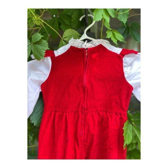Vintage 80s Red Velvet Corduroy Romper Suit Formal White Lace One Piece Sz 3 - Picture 11 of 14